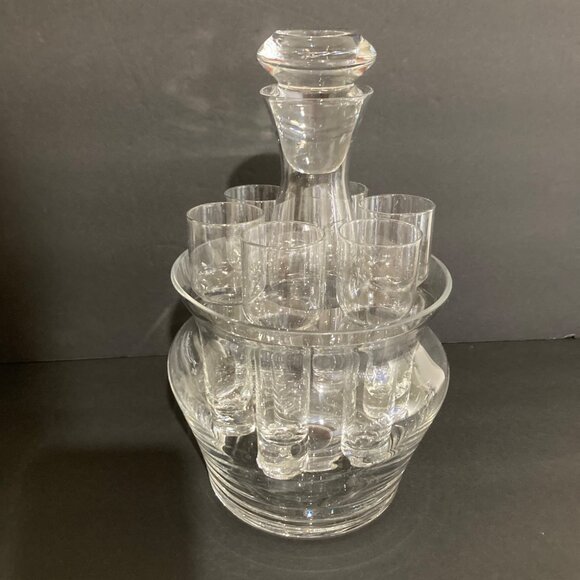 Vintage Czech Glass Grooms Gift Decanter Set With 6 Shot Glasses And Ice Bowl - Picture 1 of 9